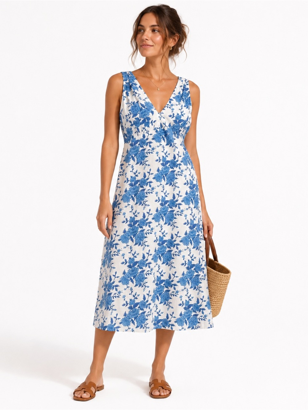 KERRY CASSILL Blue White Floral Cotton Midi Dress M/L Euro Summer Coastal Beachy